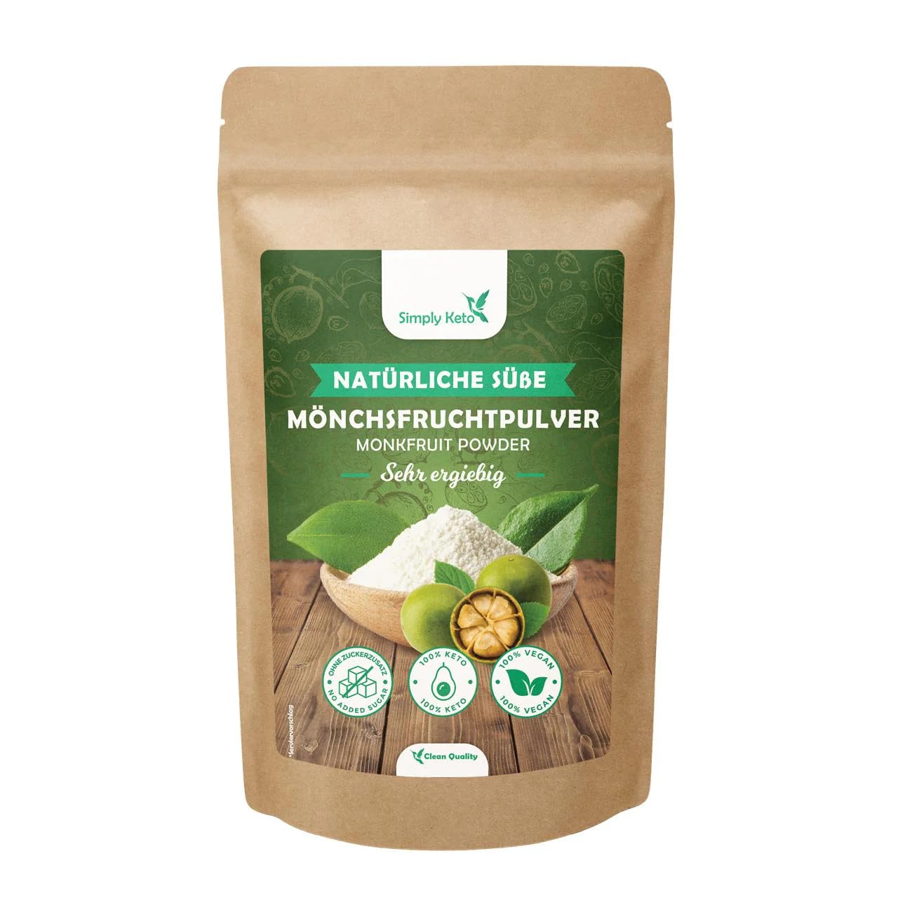 Simply Keto Mönchsfrucht Zuckerersatz Pulver (100g) - Keto-freundlicher Monk Fruit Sweetener - Süßer als Zucker - Viele Vorteile gegenüber Erythrit, Stevia, Xylit und Birkenzucker