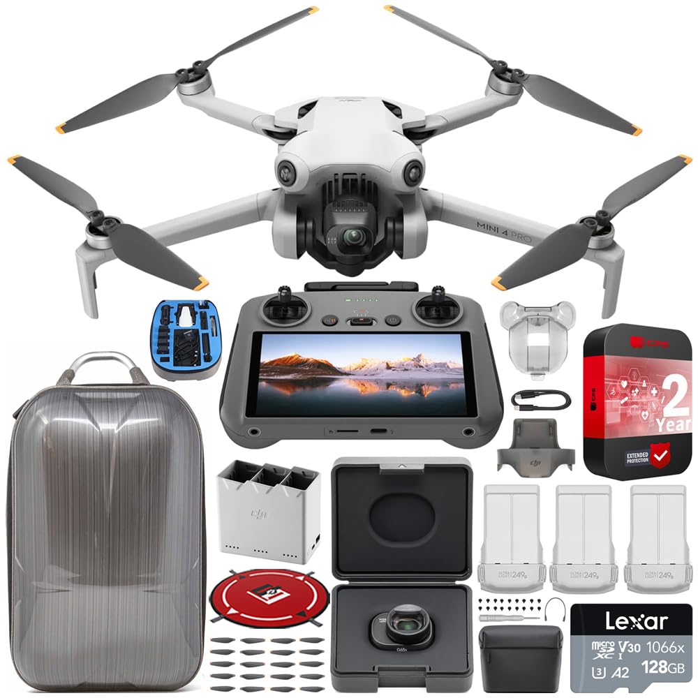 DJI Mini 4 Pro Folding Drone with RC 2 Remote (With Screen) Fly More Combo, 4K HDR Video Camera, Under 249g, Omni Sensing, 3 Batteries Bundle with Wide-Angle Lens + Deco Gear Hard Case & Accessories