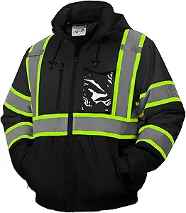 sesafety Reflective Jacket for Men, High Visibility Jackets, Safety Jackets for Men, Hi Vis Construction Bomber Jackets Waterproof with Pockets and Zipper, Black Bottom, Class 3