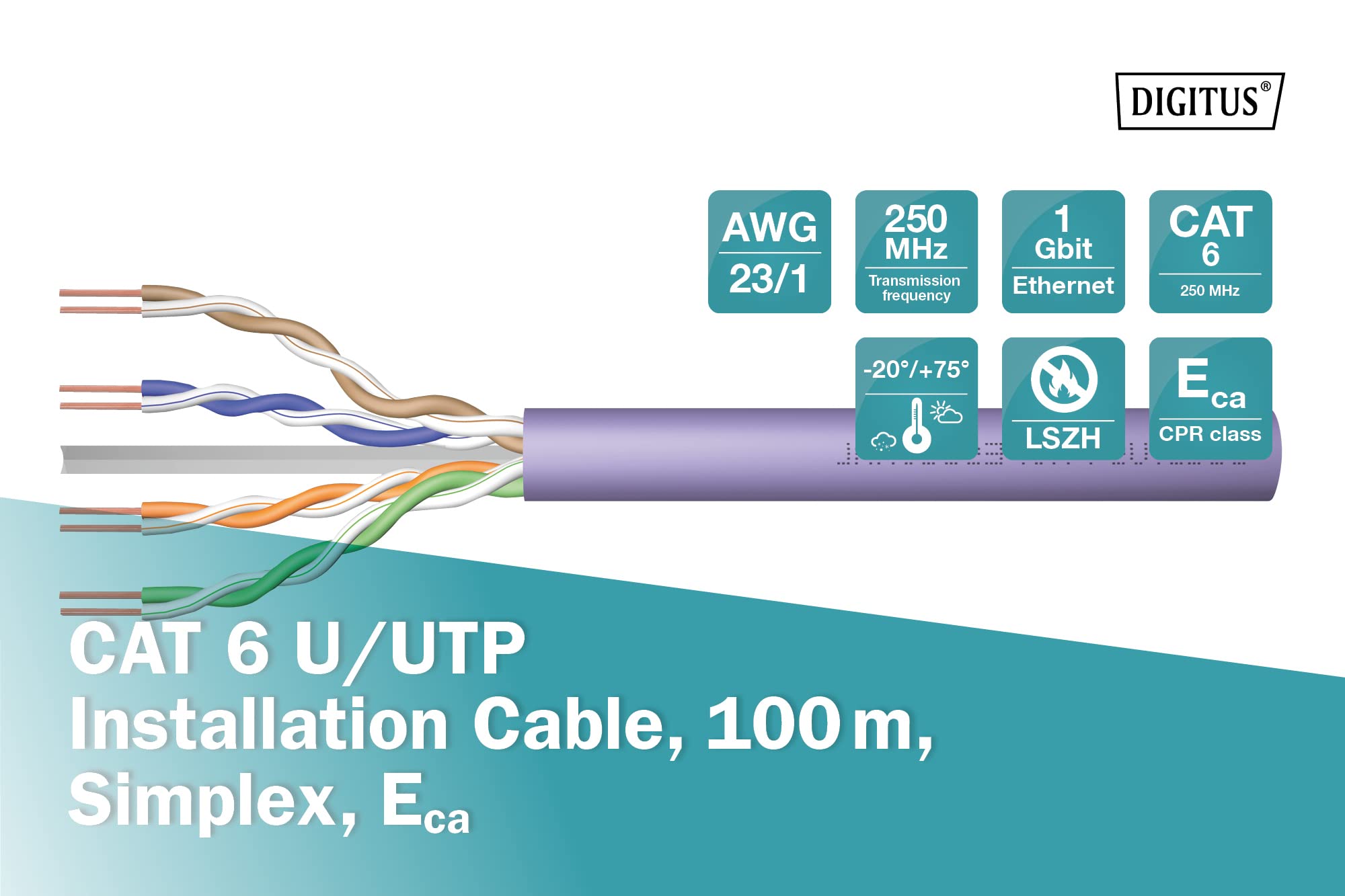 DIGITUS DK-1613-VH-1 - Cable de Red RJ45 (U-UTP, Cat. 6, par Cruzado), púrpura | Simplex – AWG 23/1 – Compatible con PoE – 1 Gbps – 250 MHz – Cable LAN Ethernet – Morado