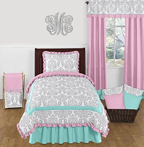 Sweet Jojo Designs Skylar Luxury Turquoise Blue, Pink Polka Dot and Gray Damask 4 Piece Girls Twin Bedding Set -  Jojo Designs, LLC, B0101006TS