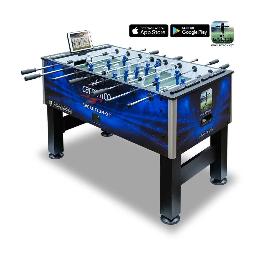 Carromco Kickertisch Evolution-XT | Profi Tischkicker mit App-Funktion | PROFI-TISCHFUSSBALL: Blauer Kicker (60kg) für Fortgeschrittene. Inkl. Tablet-Halter, interaktiver App & 2 Kickerbällen