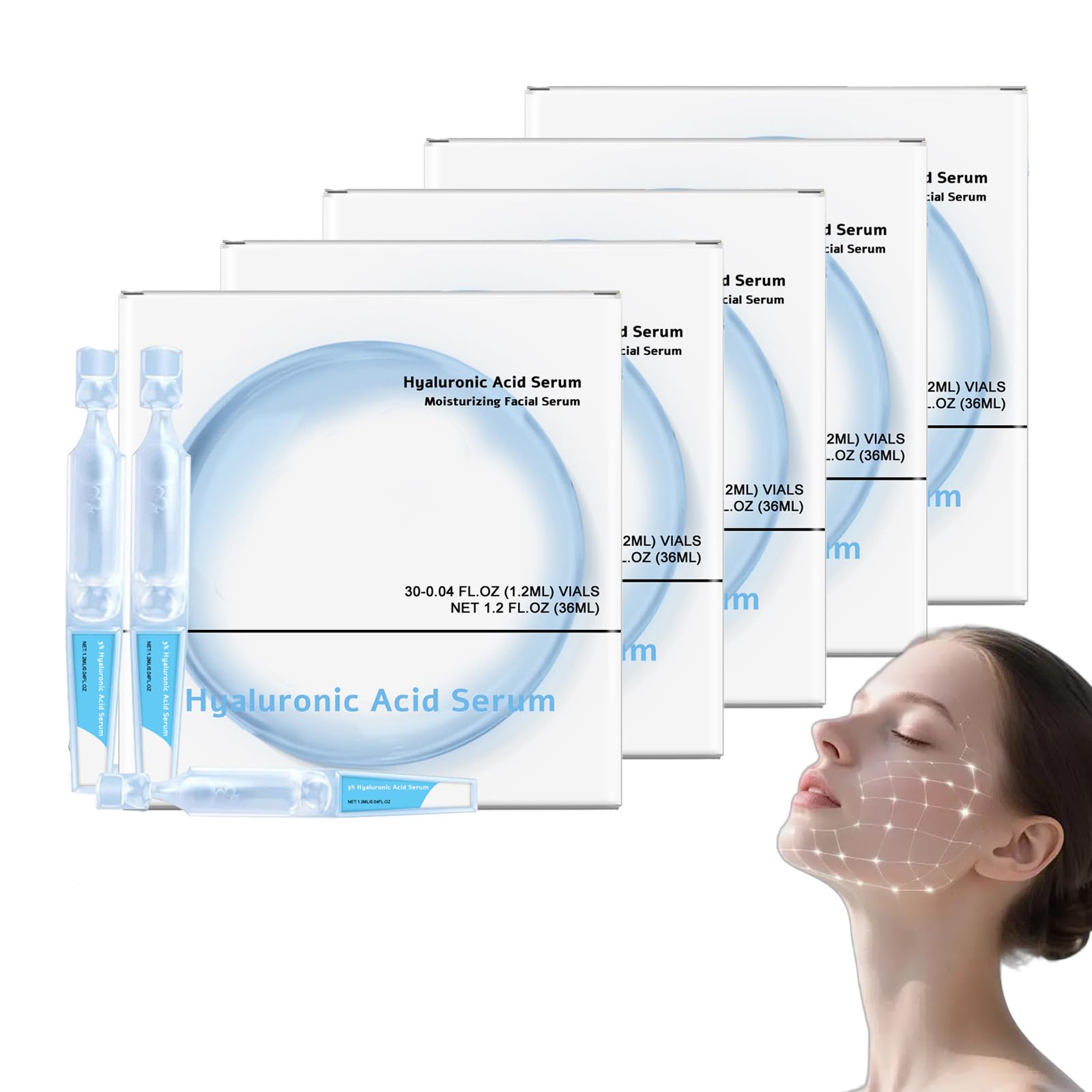 30 sztuk sterylnych ampułek z kwasem hialuronowym, 1,2 ml, 3% serum 4D HA do twarzy, nawilżający krem nawilżający do suchej i wrażliwej skóry, serum starzeniowe z kolagenem (5 pudełek)