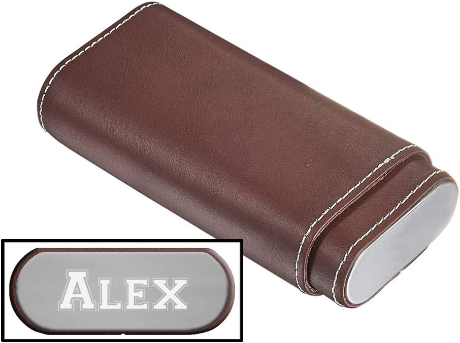 Visol Personalized Kenton Three Cigar Brown Leather Cigar Case with Free Laser Engraving ([C] Text)