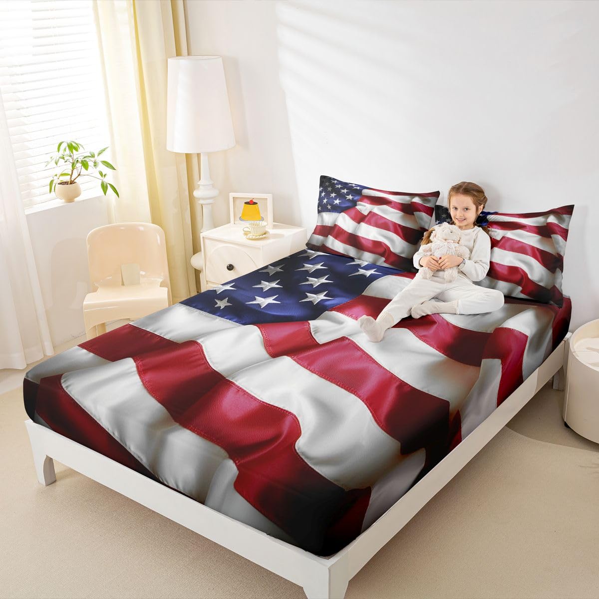 United States Fitted Sheet American Flag Blue Red Printing Bedding Set for Kids Teens Adult USA Federations Stars Stripe Fitted Bed Sheet Twin Size 1