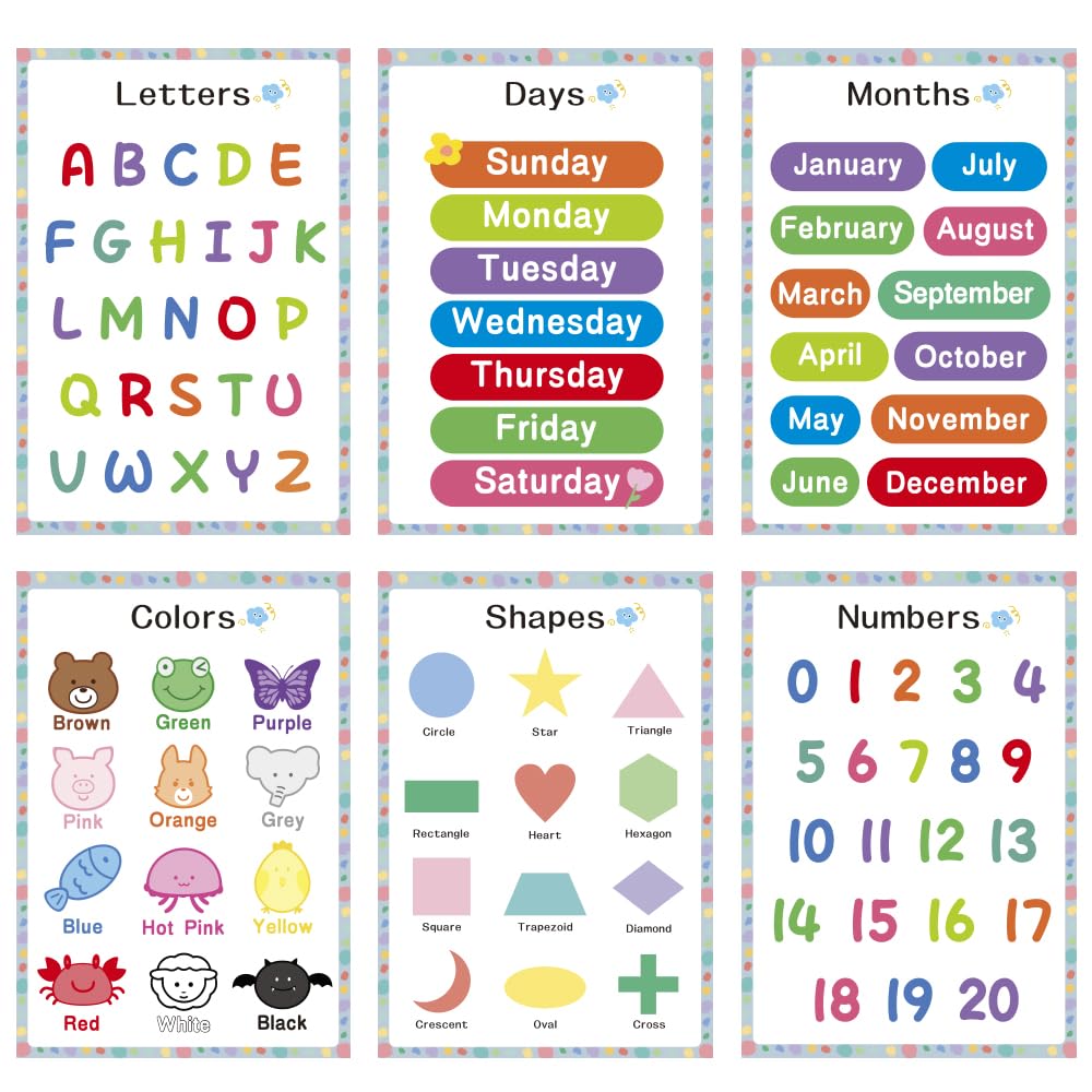Educational Posters 6pcs - Back to School Supplies - Preschool Kindergarten Classroom Must Haves - Reading & Learning Resources - Homeschool & Preschool Supplies - Classroom Decor (11"x16")