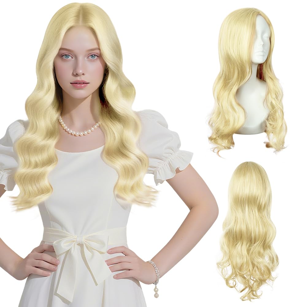 AUYAO Long Wave Wig for Women Synthetic Fiber Long Wavy Hair Wig Middle Part with No Bangs Curly Hair Wigs Fancy Dress Synthetic Hair for Party Costume Anime Halloween Christmas Carnival(Linen)