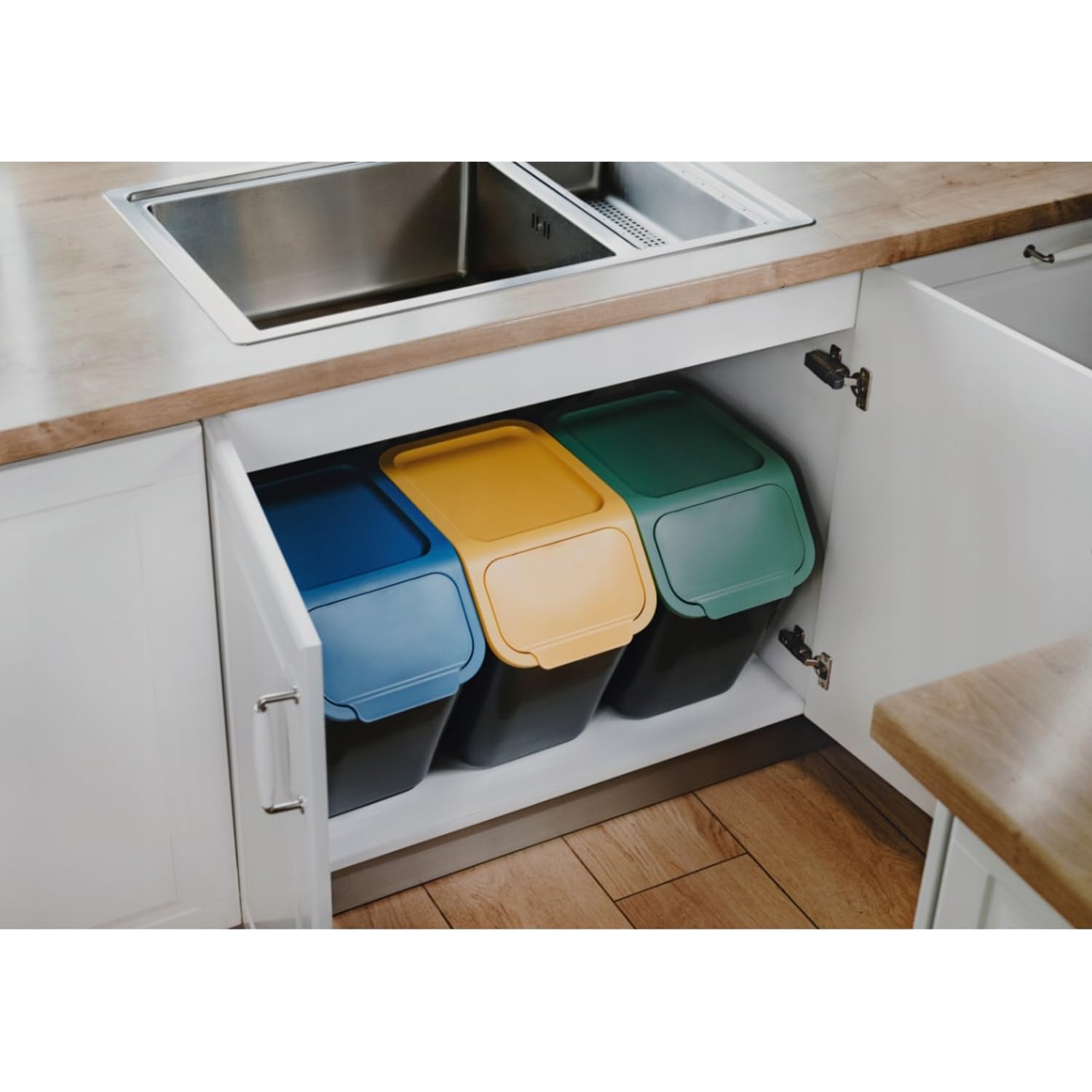 Practic Bini Juego de 3 Cubos de Basura, Cubos Apilables, Tapa con Sistema de Clic, Separación de Residuos de Cocina (3x25L + filtros)