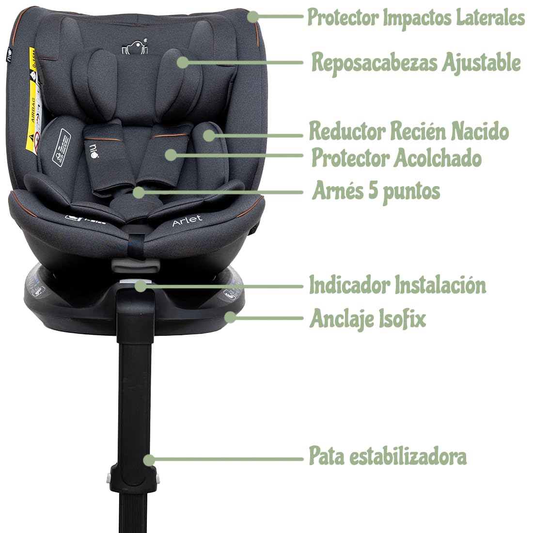 Olmitos – Silla Auto ARLET i-Size, Silla Coche 360 evolutiva de 40-150cm, Silla con ISOFIX, Ajustable y reclinable protección lateral – reductor recién nacido y arnes seguridad (Negro)