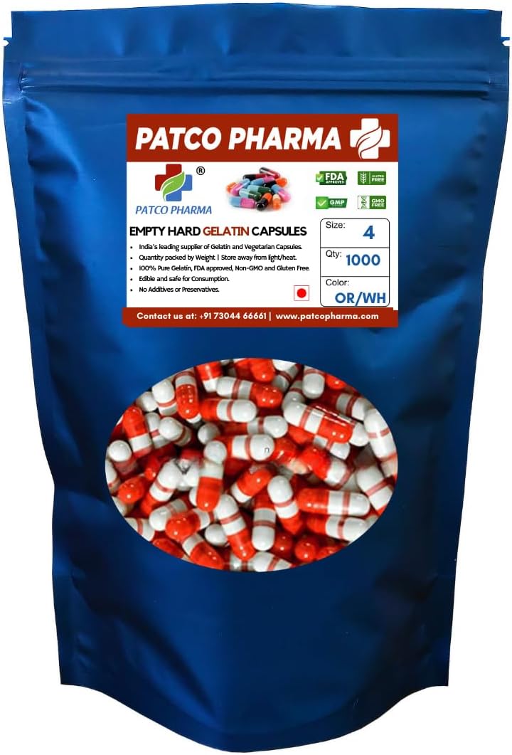 Patco Pharma - Size 4 Orange/White Empty Gelatin Pill Capsule - Gluten Free | DIY Powder Filling (Pack of 500)