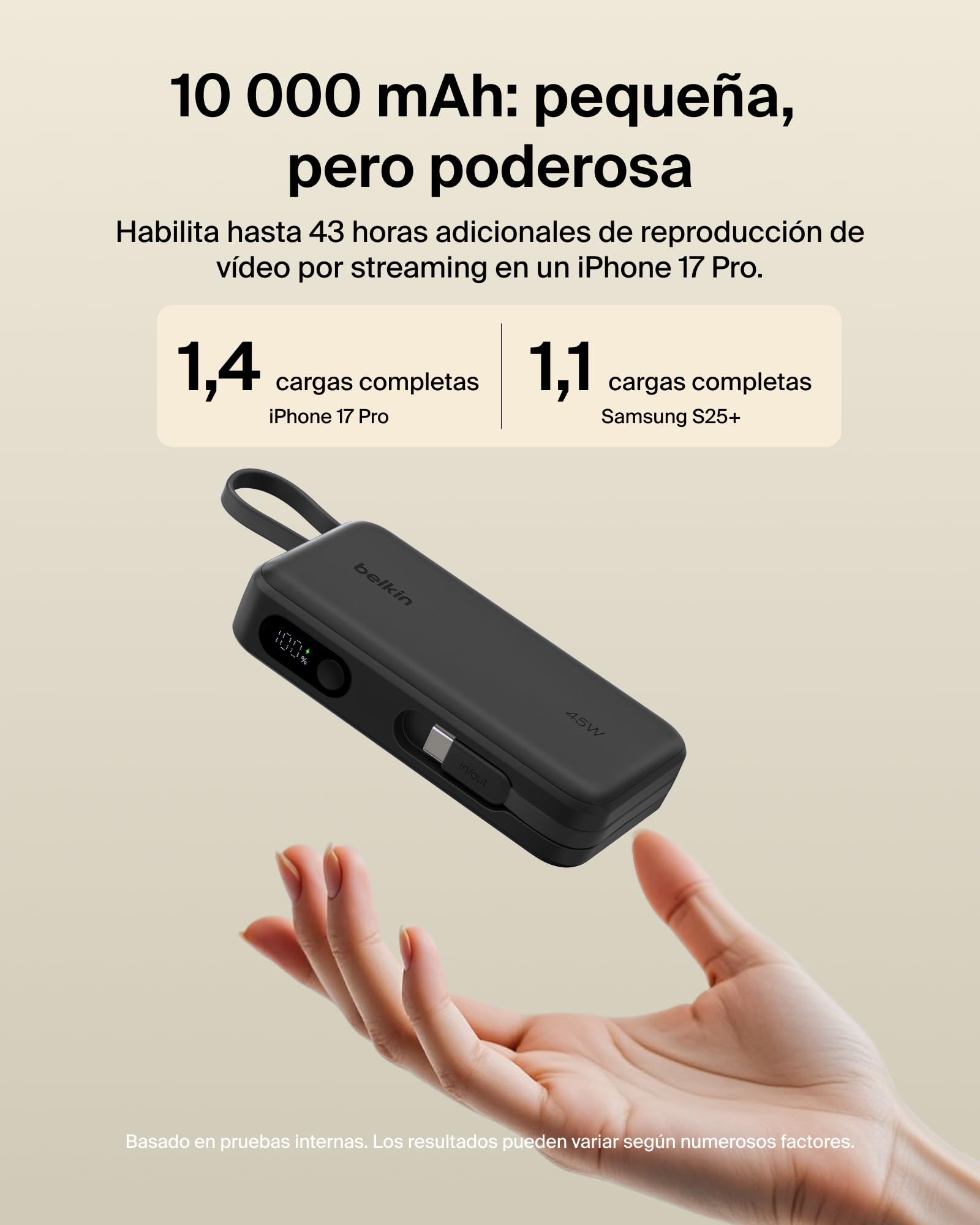 Belkin UltraCharge Batería Externa 10000mAh Cable USB-C y Pantalla - Negro | Power Bank de 10000 mAh, 1 Puerto y 1 Cable USB-C, 1 puerto USB-A, 45 W, LED, Apta como Equipaje de Mano y con Pantalla