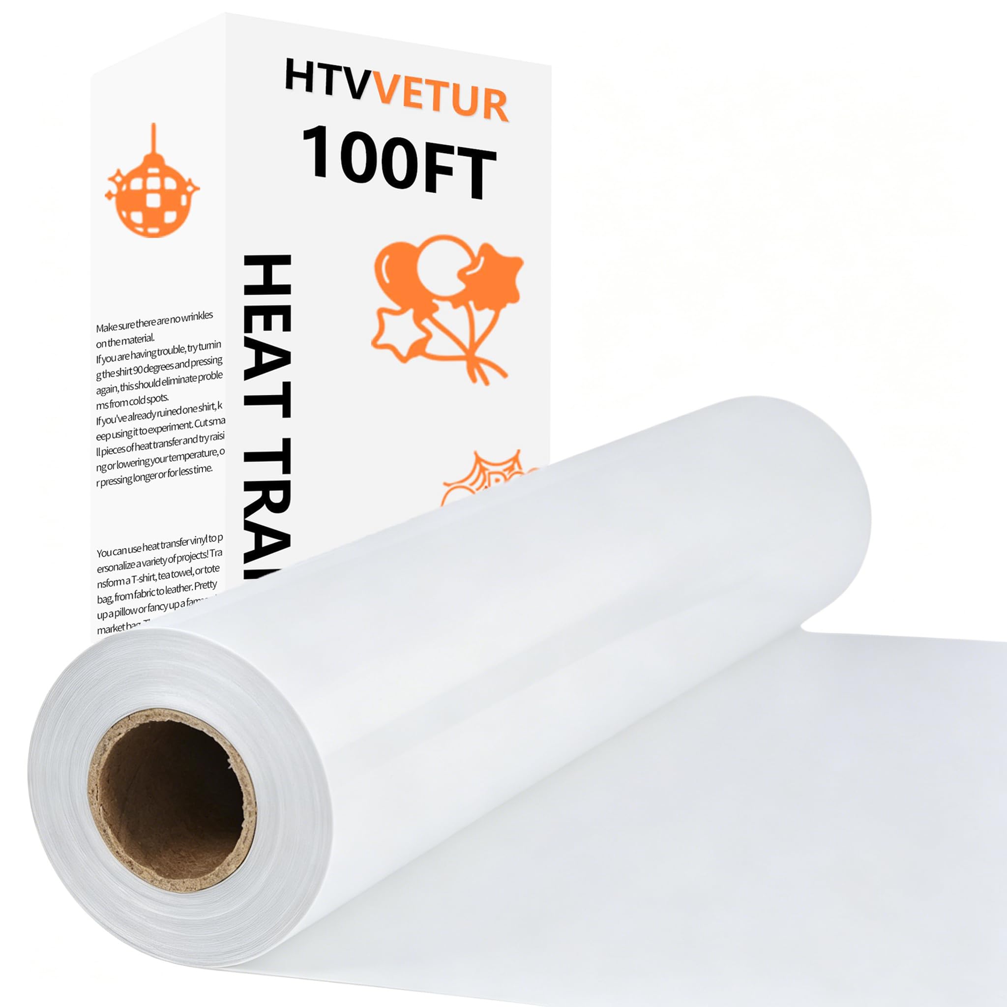 HTVVETUR White Iron on Vinyl Roll 12" x 100ft, HTV Heat Transfer Vinyl