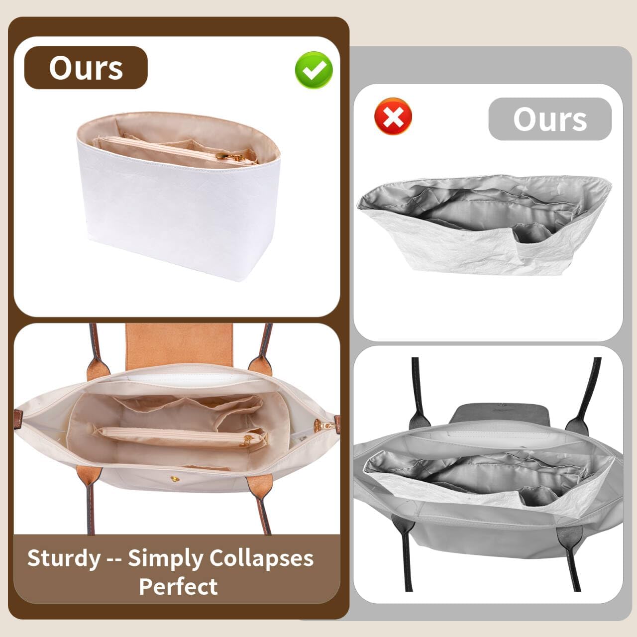 Purse Organizer Insert For Le Pliage, Ultra-light Waterproof DupontPaper le pliage Bag Organizer (White, Medium) - Image 8