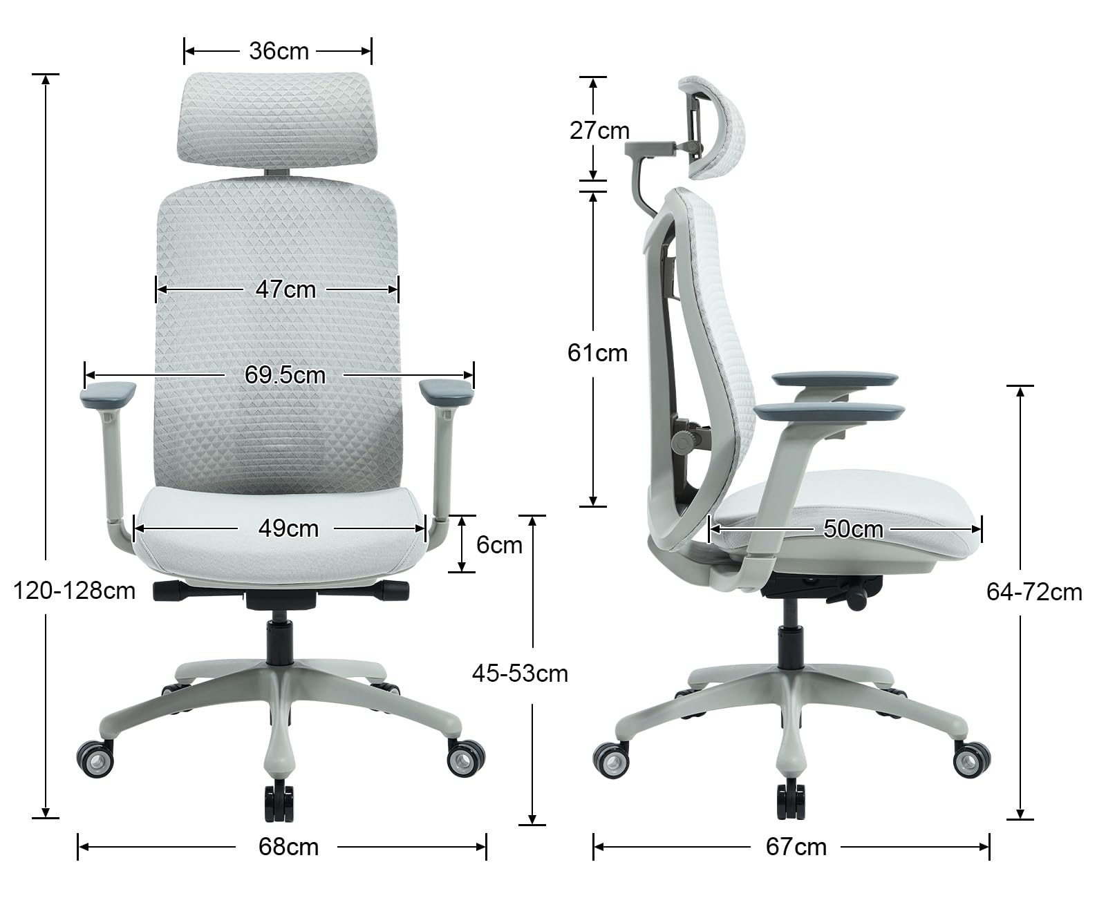 Ergonomiczne krzesło biurowe z regulowanym zagłówkiem, podparcie lędźwiowe, podnoszony podłokietnik, obrotowe krzesło komputerowe do domu, nauki, pracy (szary)