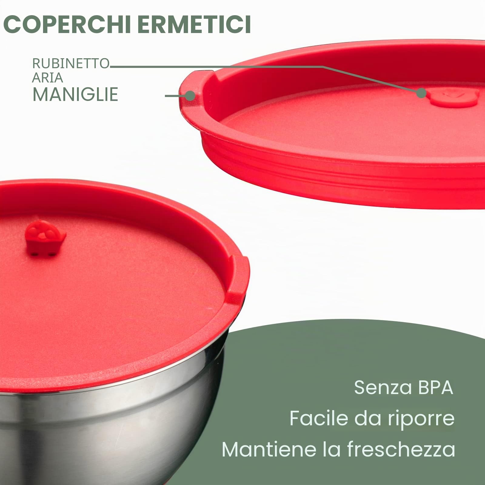 PARMEDU Set di Ciotole per Miscelazione in Acciaio Inossidabile 100% 18/8 con Coperchi Ermetici, 3 Ciotole Nidificanti con Segni di Scala e Fondo Antiscivolo, Misura 2L/1,5L/1L
