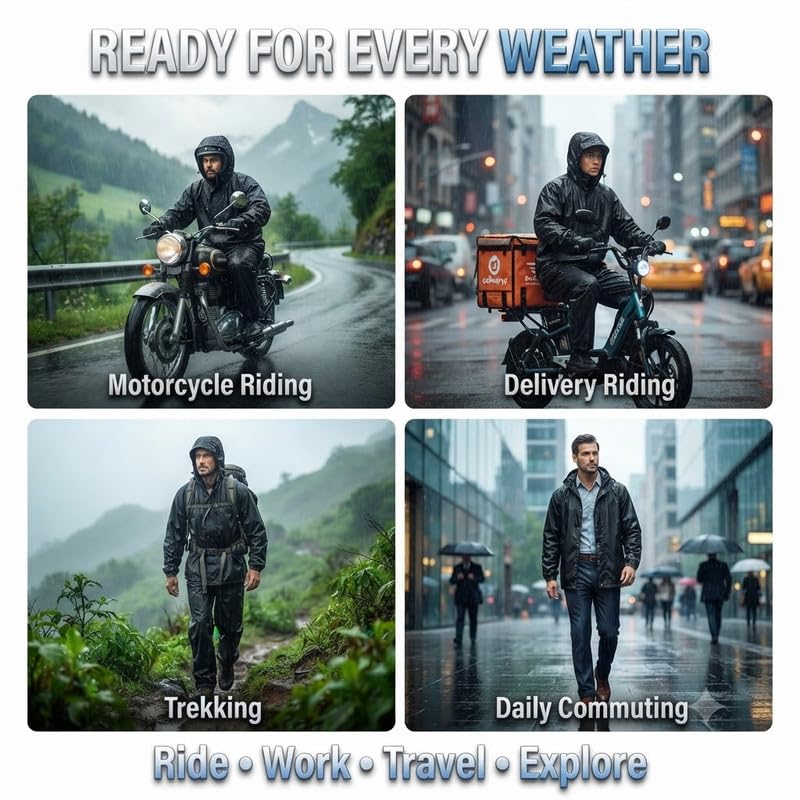 elevea 𝟏 𝐘𝐞𝐚𝐫 𝐖𝐚𝐫𝐫𝐚𝐧𝐭𝐲 Men's Waterproof Hooded Raincoat, Rain Suit with Heavy Duty Zipper, Adjustable Drawstring & Transparent Visor for Motorcycle Riding-picture-20