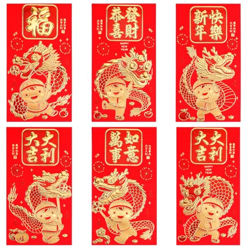 36pcs Chinese Red Envelopes, 2024 Packets Hong Bao Lai See New Year of Dragon Lucky Money Pocket Bag for Chinese Lunar Year Spring Festival Wedding Birthday Baby Shower, 6.69x3.54 inch (Style 2)