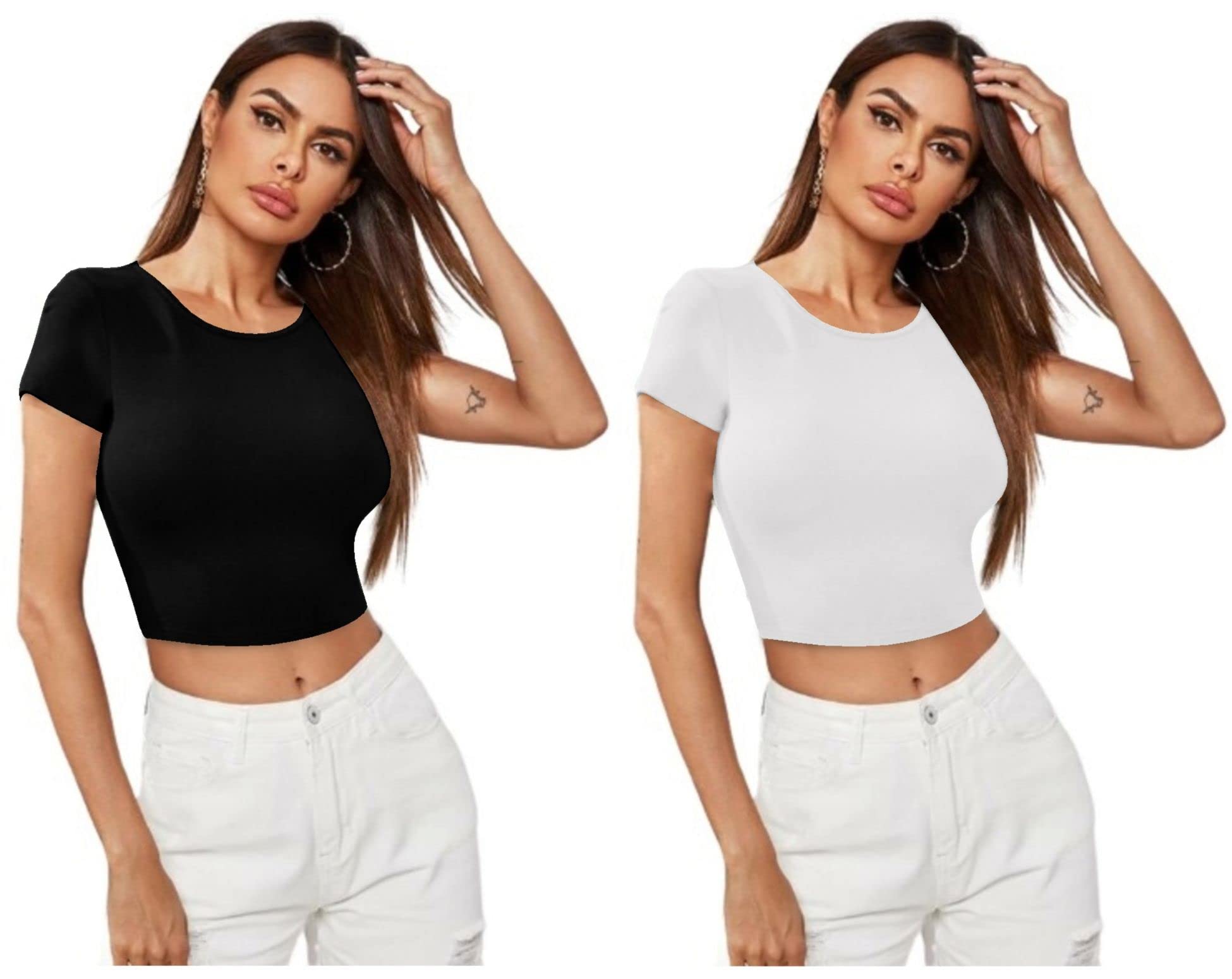 dream beauty fashion Women's Casual Round Neck Short Sleeves Stylish Crop Top - 17" inches, Pack of 2 (Combo Tani Top-P)-picture-24