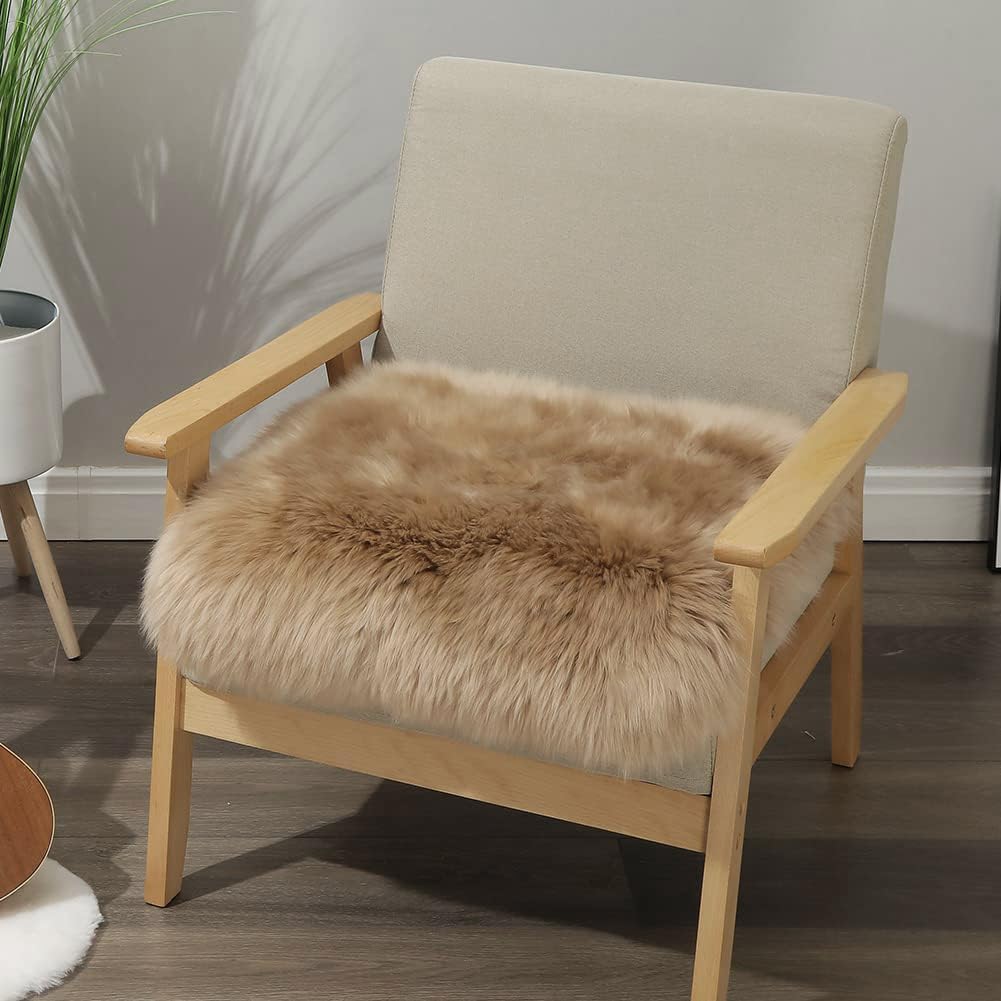 LLB Sheepskin Chair Cushion Non-Slip Back Square Genuine Fur Chair Cover Silky Natural Wool Seat Cushion Pad Soft Area Rugs Carpet for Home Office Restaurant Chair 18x18 Inch (Pack of 1), Tan