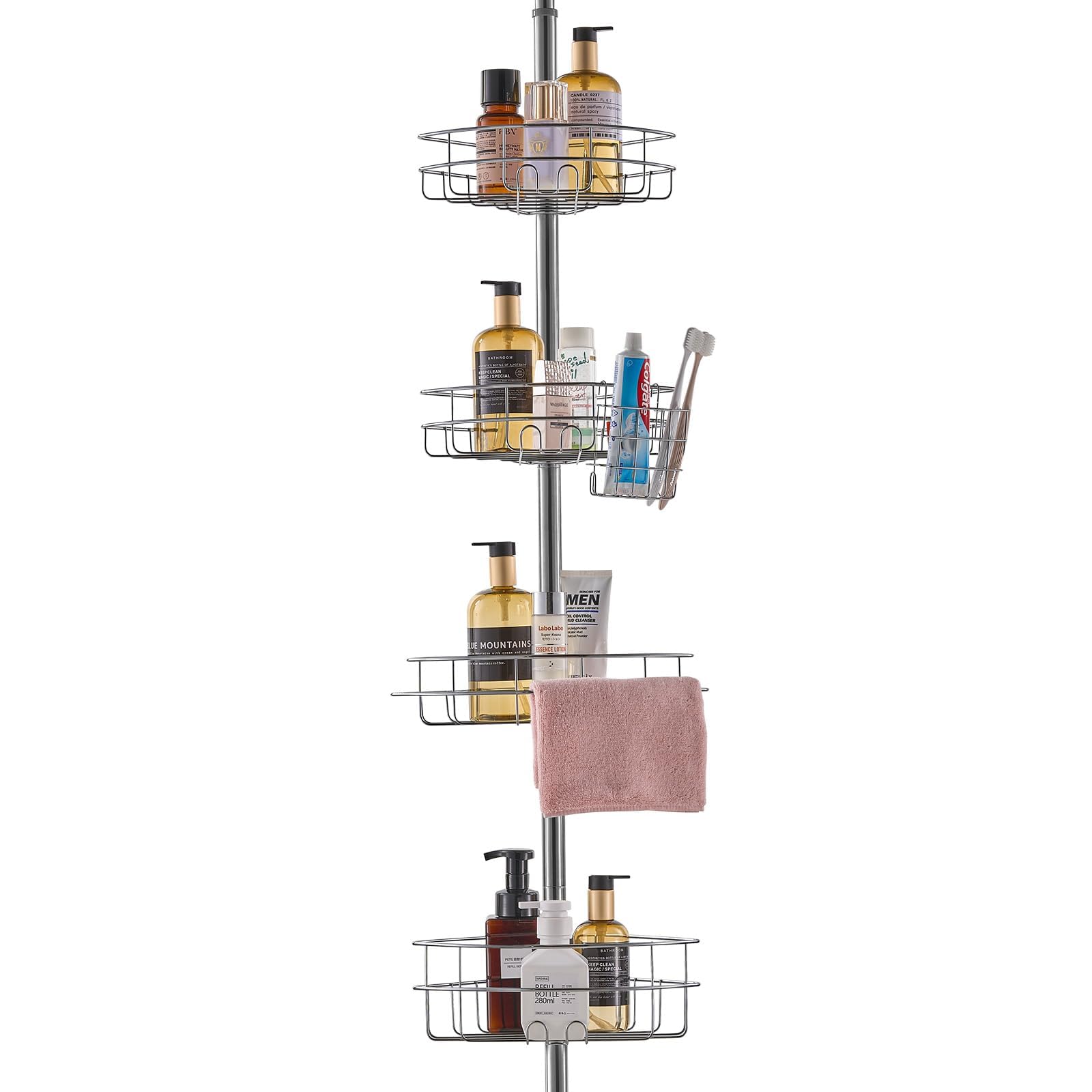 Excdesolns Shower Corner Caddy Tension Pole 56 to 114 High Multi-Functional Shower Tension Pole with Strong Load-Bearing Tray