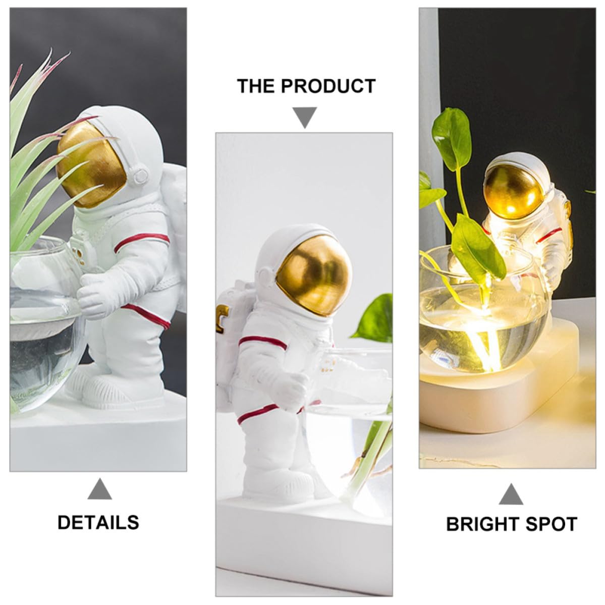 Contenitore Idroponico in Vetro e Resina con Luce LED Astronauta, Decorazione per Piante Succulente e Acquatiche, Porta Fioriere da Interno per Casa e Ufficio