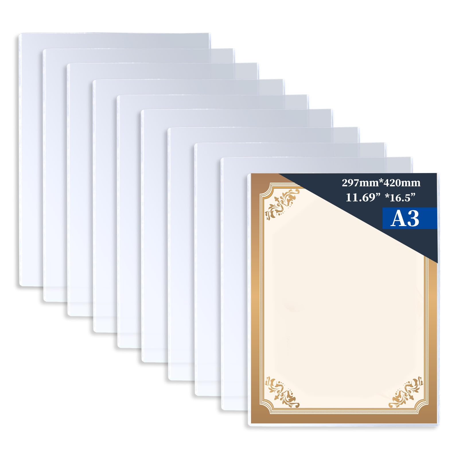 10 Pieces 11.6" x 16.5" A3 Sized Rigid Print Protectors, Clear Hard Plastic Sheet Protectors, Top Loading Plastic Paper Sleeves Cover for Photo Posters Birth Certificates Menu Document Holder (10pcs)