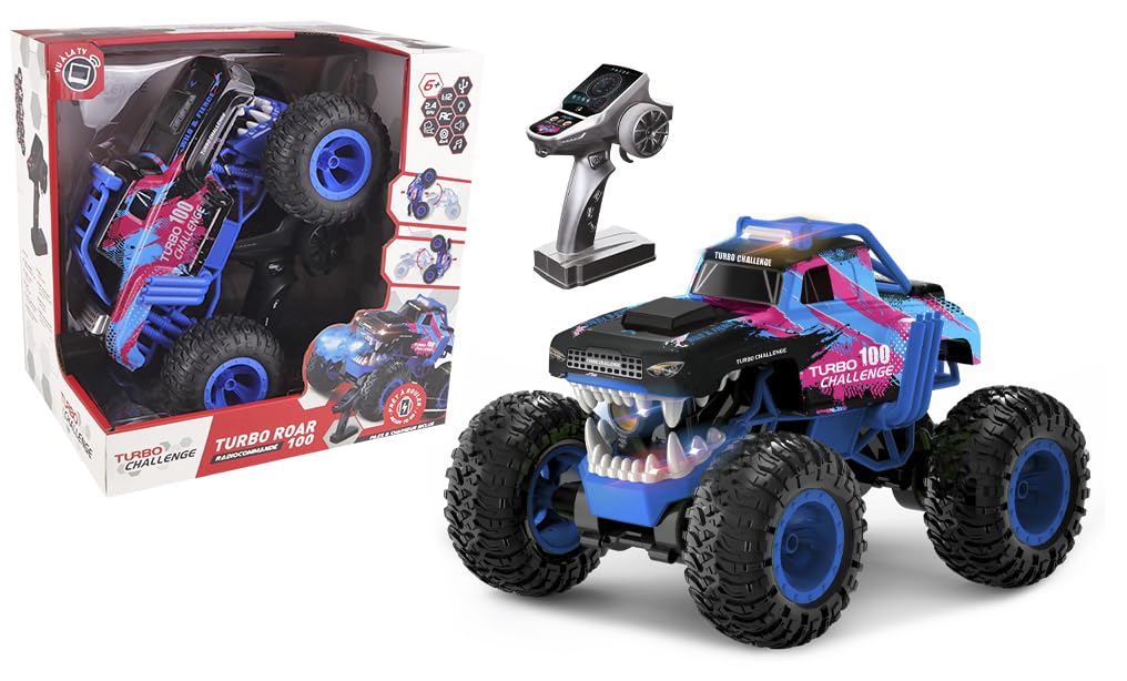 TURBO CHALLENGE - Turbo Roar 100 - Cascade - 1/12-095360 - Voiture Télécommandée - Bleu - Prêt à Rouler - Option Fumée - Batterie Rechargeable et Piles incluses - Plastique - À Partir de 6 Ans