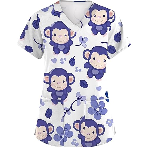 HXHYQKP Scrubs for Plus Size Women V Neck Printed Scrub Soft Nurse Uniform Shirts with 2 Pockets