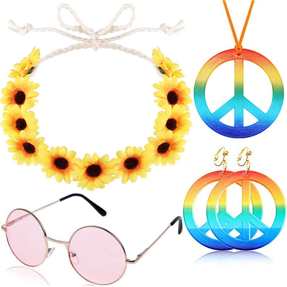 4 Pieces Hippie Costume Set 60s 70s Hippy Costume Set Hippie Dressing Accessory Set Hippie Glasses and Peace Sign Necklace、Earring、Flower Crown Headband for men and women
