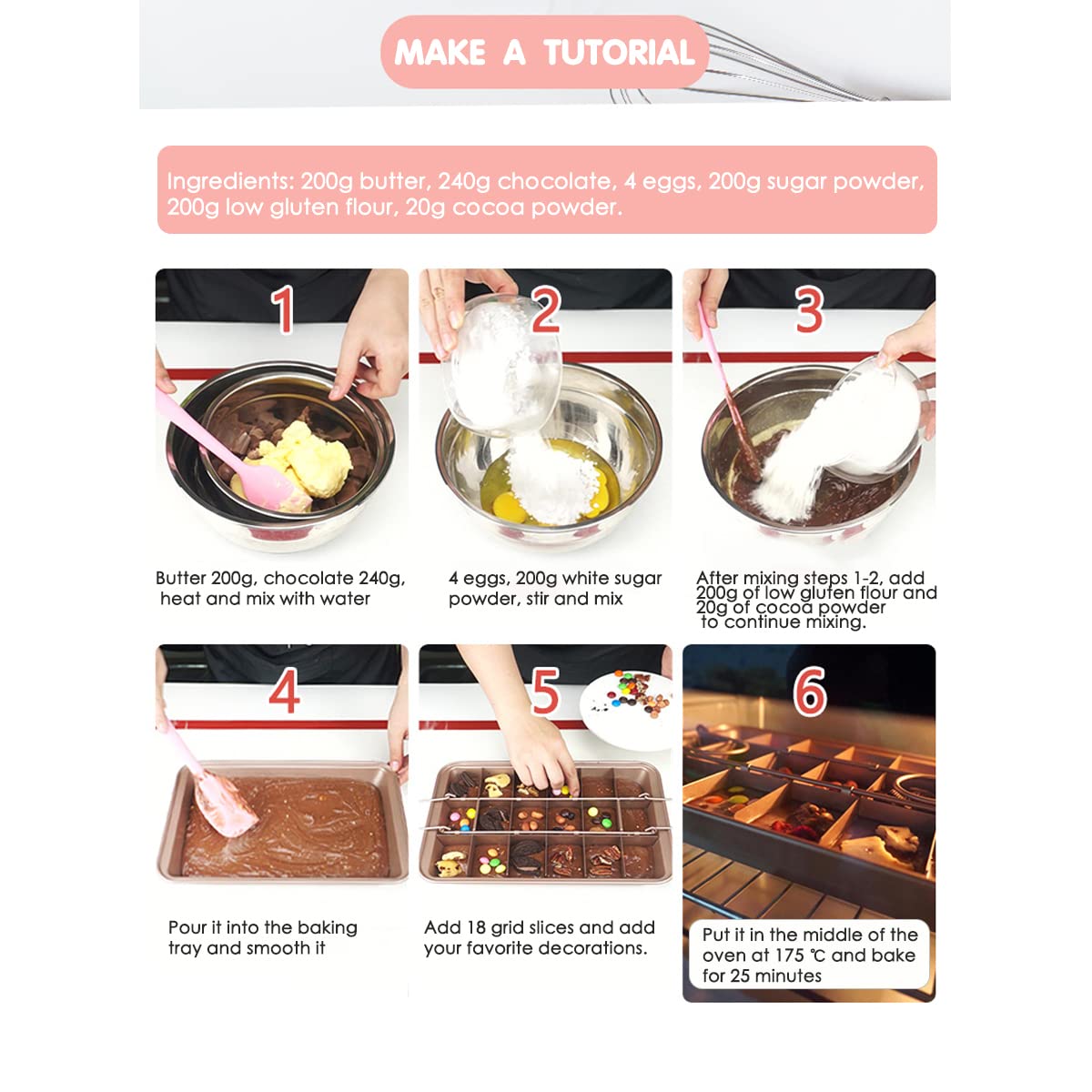 Molde para brownie con divisores, bandeja antiadherente para hornear brownies, bandeja de acero al carbono para hornear 18 piezas con empuñaduras para hornear pan, bandeja cuadrada para hornear