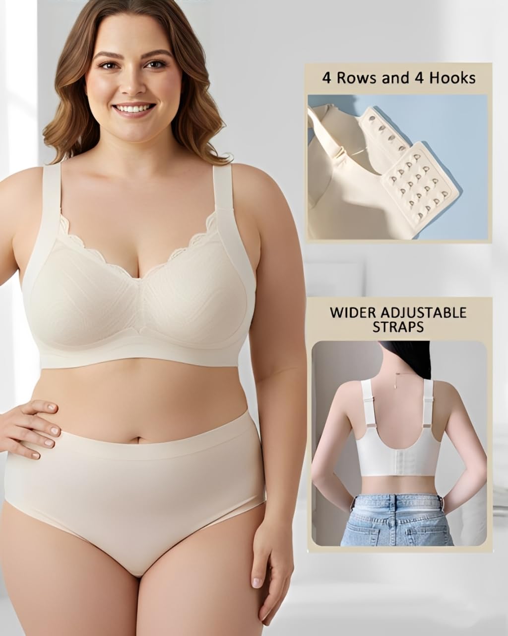 Reggiseno da donna liscio senza ferretto per donne Supporto completo senza ferretto imbottito scollo a V t-shirt confortevole reggiseno regolabile, Nude, M