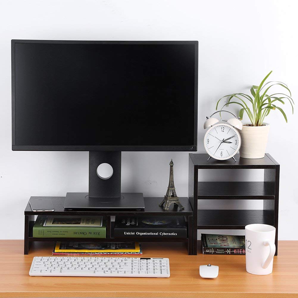 Supporto per monitor da scrivania in legno con 2 ripiani per laptop e 3 ripiani per PC, supporti per stampante, alzate per schermo TV, organizer per scrivania