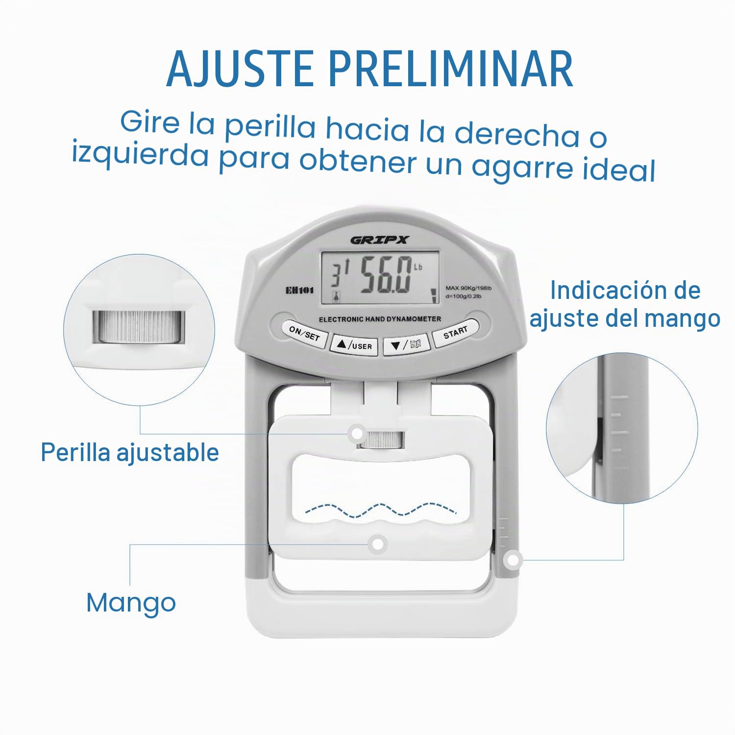 Dinamómetro de Mano Digital Medidor de Fuerza de Agarre automático, probador de Fuerza de Poder de Agarre electrónico de 90 kg
