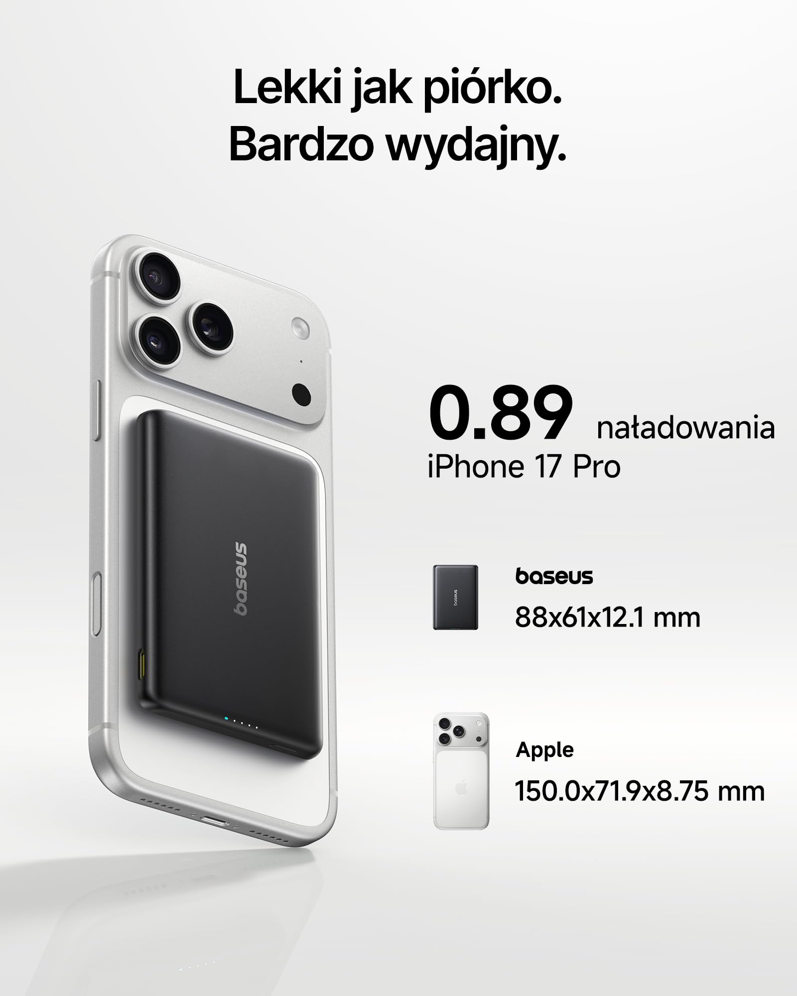 Baseus Picogo AM31 MagSafe Powerbank, Ultra Slim 20 W, szybkie ładowanie, magnetyczny powerbank, bezprzewodowa, zewnętrzna bateria z kablem USB C, przenośna ładowarka, do iPhone 17/16/15/14/13, czarna