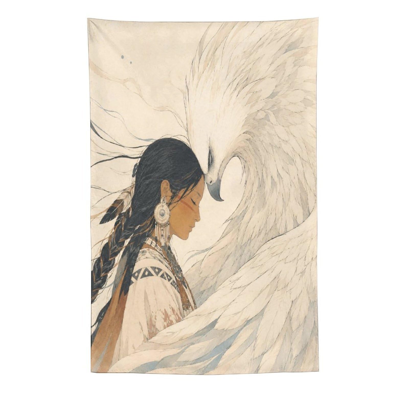 H3B8U2Y5 Native Woman with White Bird Wall Tapestry, Oil Painting, Soft Ink