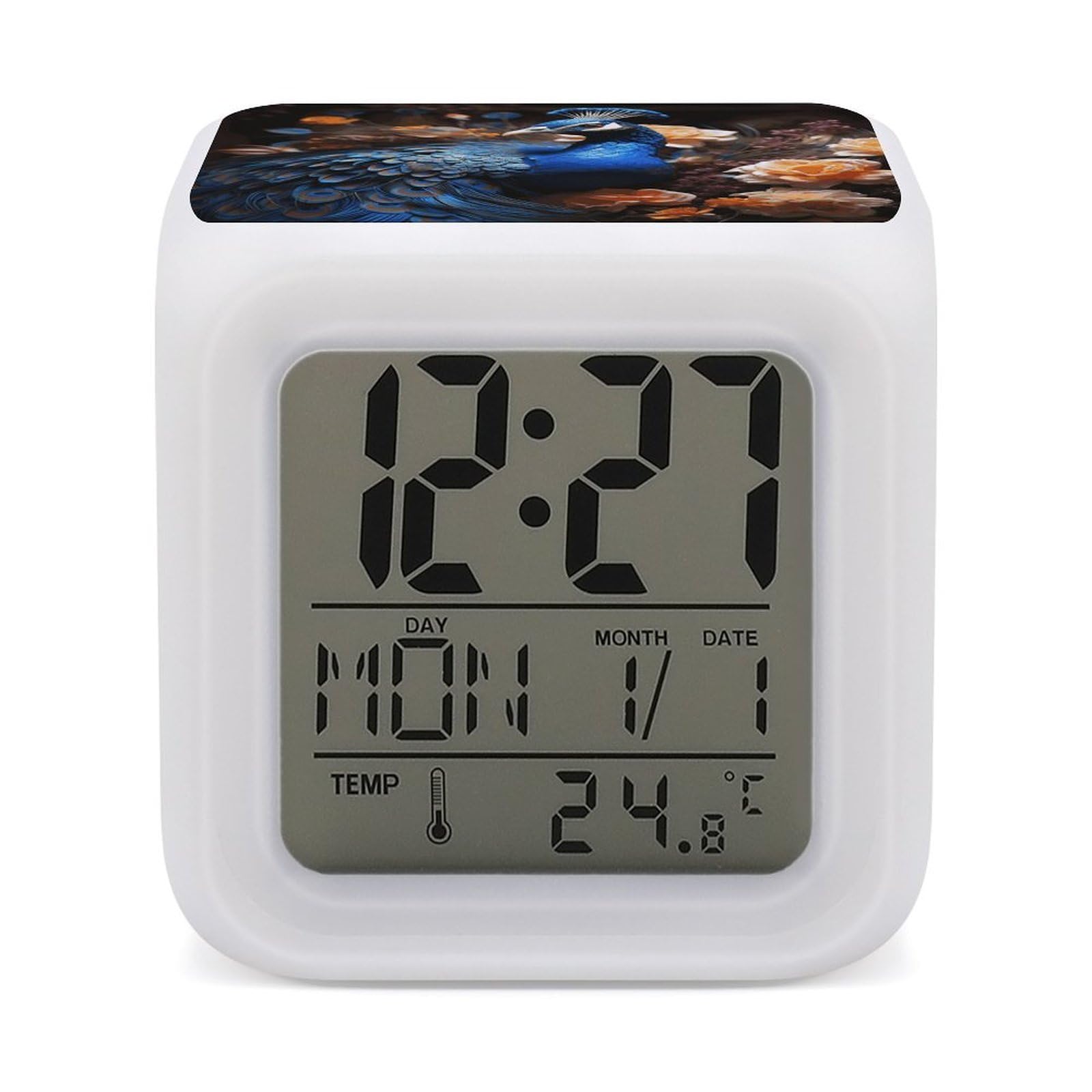 FekiLoot Blue Peacock Alarm Clock 7 LED Color Changing Wake Up Clock Digital Alarm Clocks with Snooze Digital Bedside Clocks with Night Light for Home Office Or Dorm