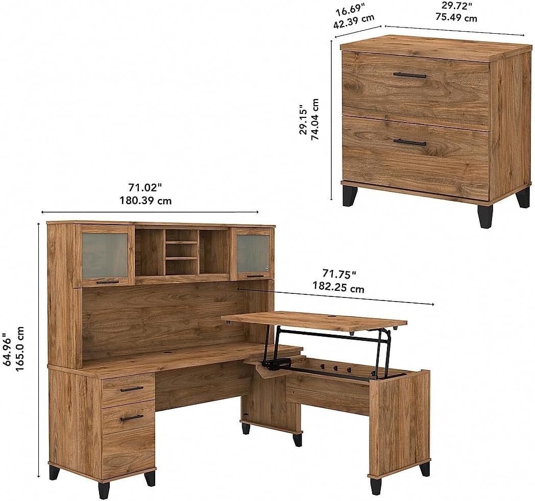 Bush Home Somerset 72W 3 Position Sit to Stand L Shaped Desk with Hutch and File Cabinet in Fresh Walnut