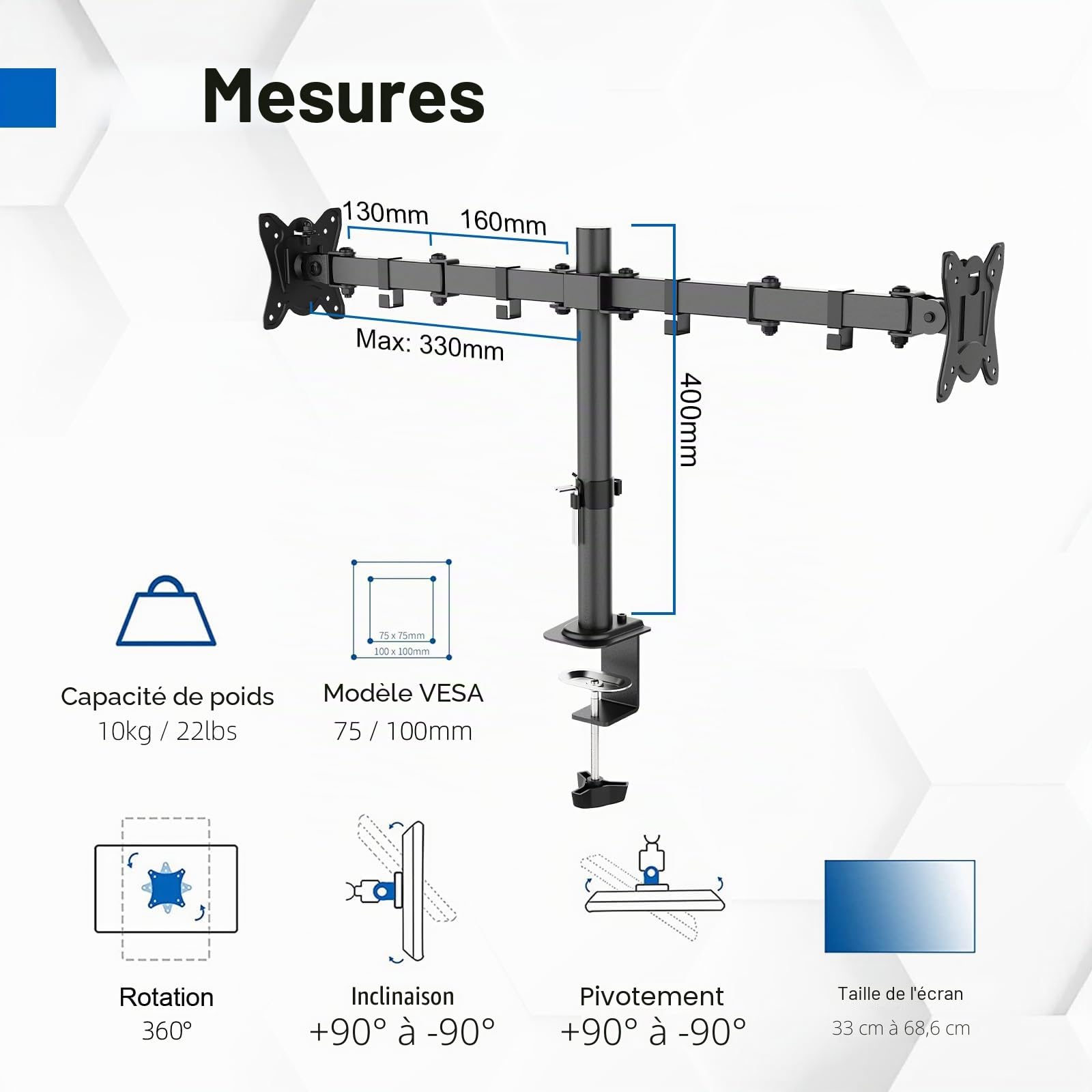 GRIFEMA Support Double Ecran PC 13-27 Pouces Bras Réglable Hauteur Inclinaison 90° Rotation 360° Poids 10KG VESA 75/100 MM Noir