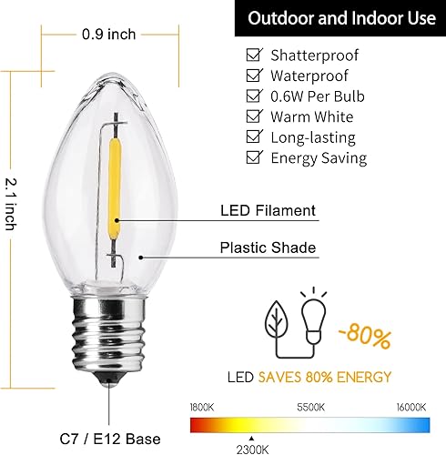 Miniatura 9 de C7 - Bombilla LED roja de repuesto para Navidad, paquete de 25 bombillas vintage C7, impermeables, regulables, C7, para luces de Navidad en