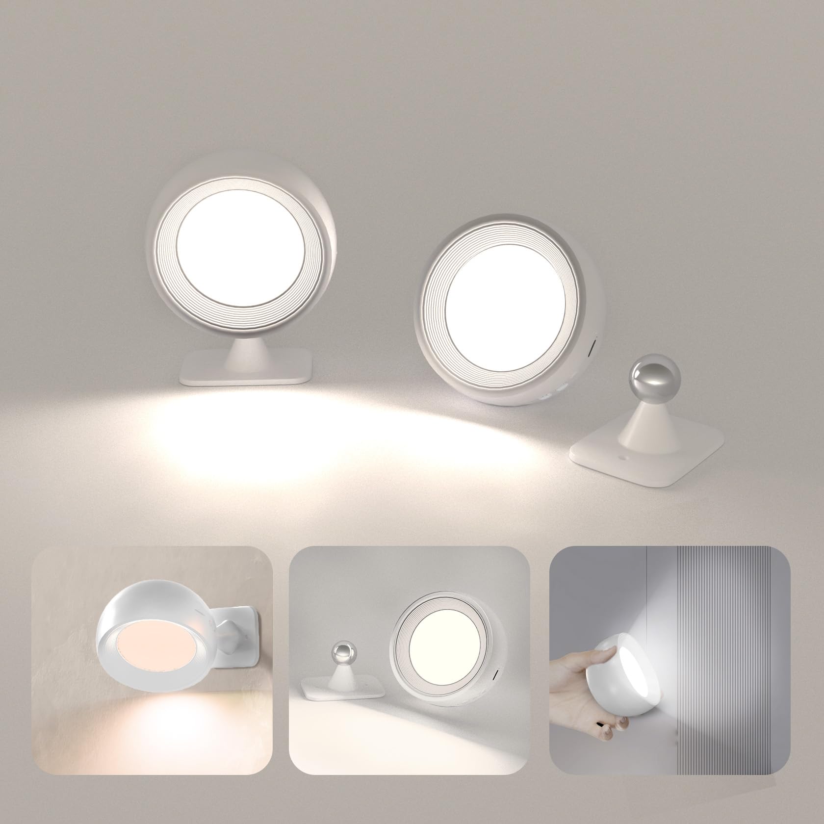 LUTW Rechargeable Wall Lights 2 Pack, White, Battery Operated LED Wall Light, Magnetic Wall Lamp with Remote, 360° Rotate, 5 Modes, Stepless Dimming, Timing, for Bedroom Living Room Corridor Stairs