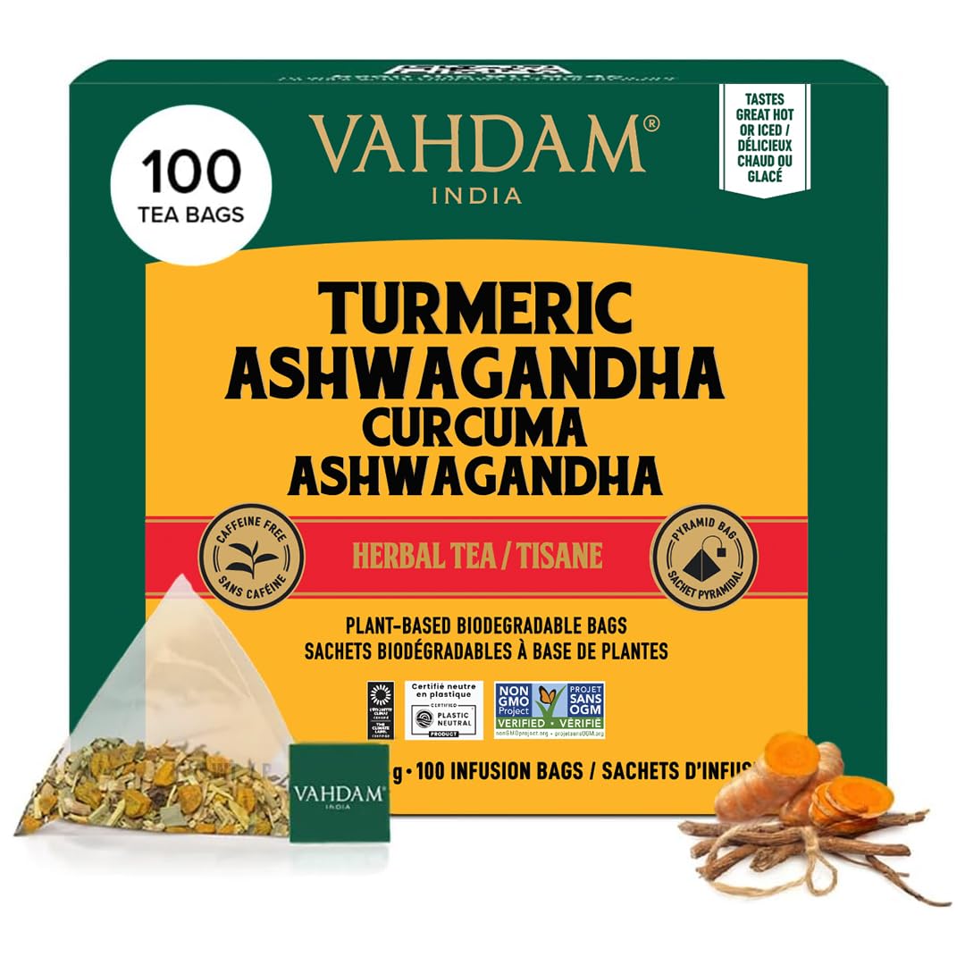 VAHDAM, Turmeric Ashwagandha Herbal Tea Bags (100 Count) Caffeine Free, Non GMO, Gluten Free | 100% Pure Herbal Blend - Sweet & Earthy | Whole Loose-Leaf Tea Bags | Resealable Ziplock Pouch