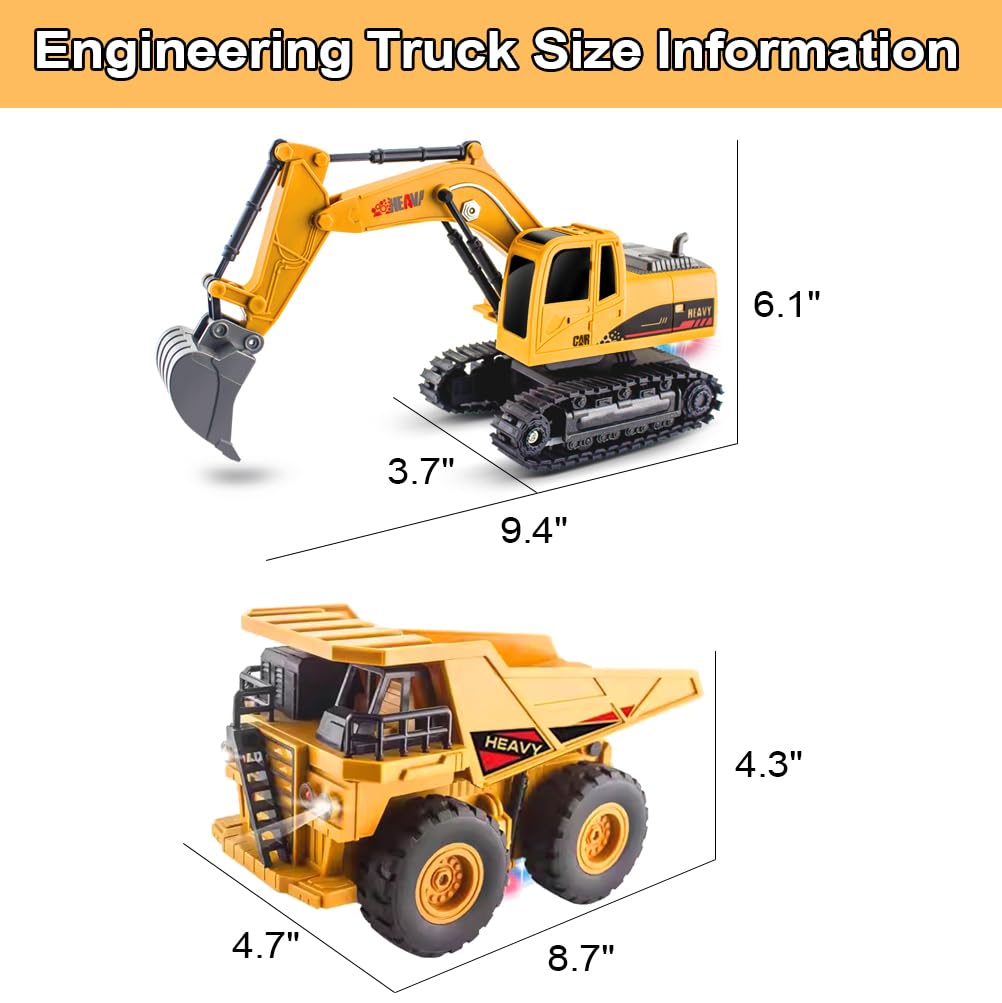 Excavadora RC y camión volquete de juguete para niños, 2.4Ghz 11 canales control remoto vehículo de construcción con luz, sonido, música y demostración automática, regalos de cumpleaños de Navidad 5