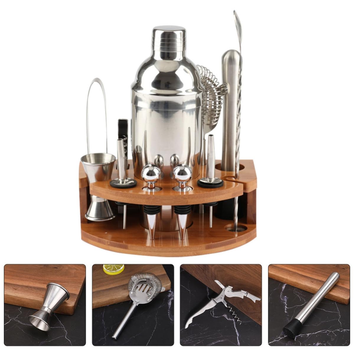 Gadpiparty Juego de Coctelería 12 Piezas Coctelera de Acero Inoxidable y Base de Bambú para Preparar Bebidas en Fiestas y Hogar