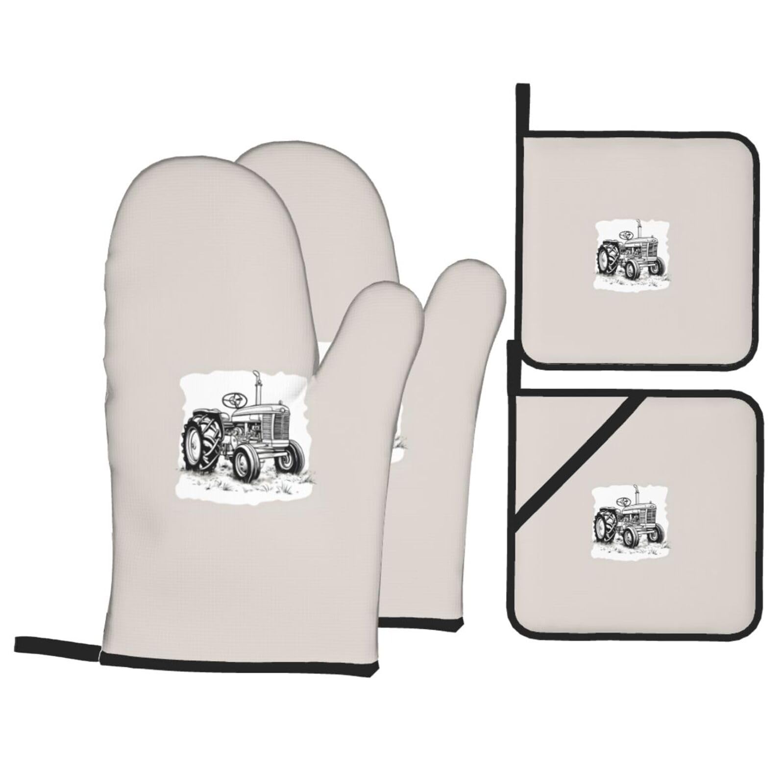 Nimongt Black Cartoon Tractor Print Heat-Resistant 4-Piece Oven Kitchen Gloves For Baking Cooking Microwaving Essentials