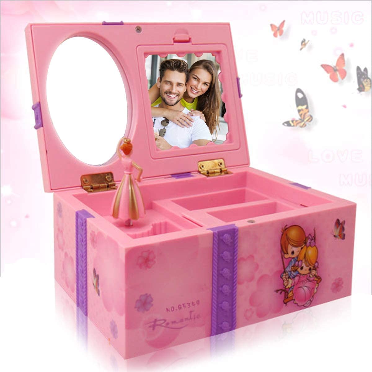 Jewel Storage Case, Princes Cute Spinning Ballerina Music Jewellery Box with Mini Makeup Mirror, Photo Frame for Girls Birthday Gift (Purple)