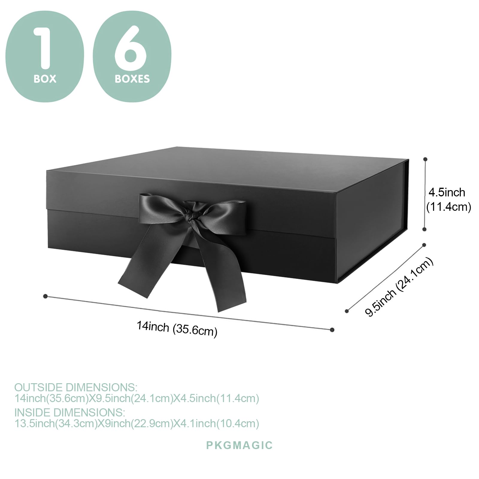 PKGMAGIC 6 grandi scatole regalo con nastro 34,3 x 22,8 x 10,4 cm, scatole regalo nere con coperchio, scatole regalo magnetiche, scatole regalo di lusso per regali (nero lucido)