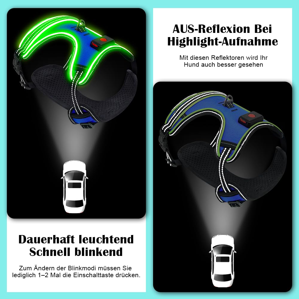 Arnés luminoso para perros recargable LED chaleco reflectante para perros arnés antitracción para perros que caminan por la noche (luz azul + verde, XL)