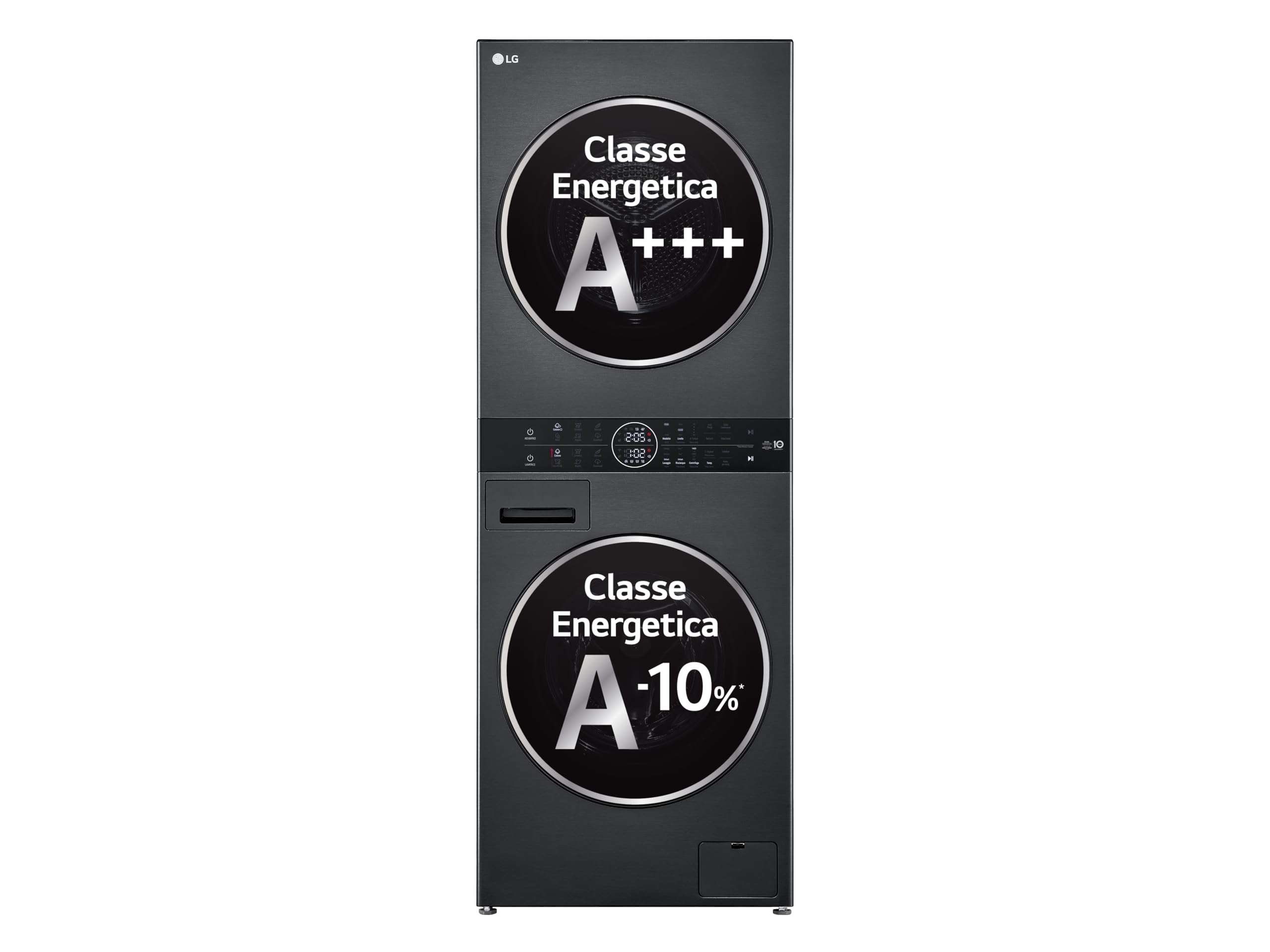 LG WashTower WT1210BBF Colonna Bucato Unificata, Lavatrice Classe A -10% 12 kg e Asciugatrice Classe A+++ 10kg, Pannello Unico, TurboWash360, Lavaggio a vapore, Pompa di calore, Wi-Fi, Nera