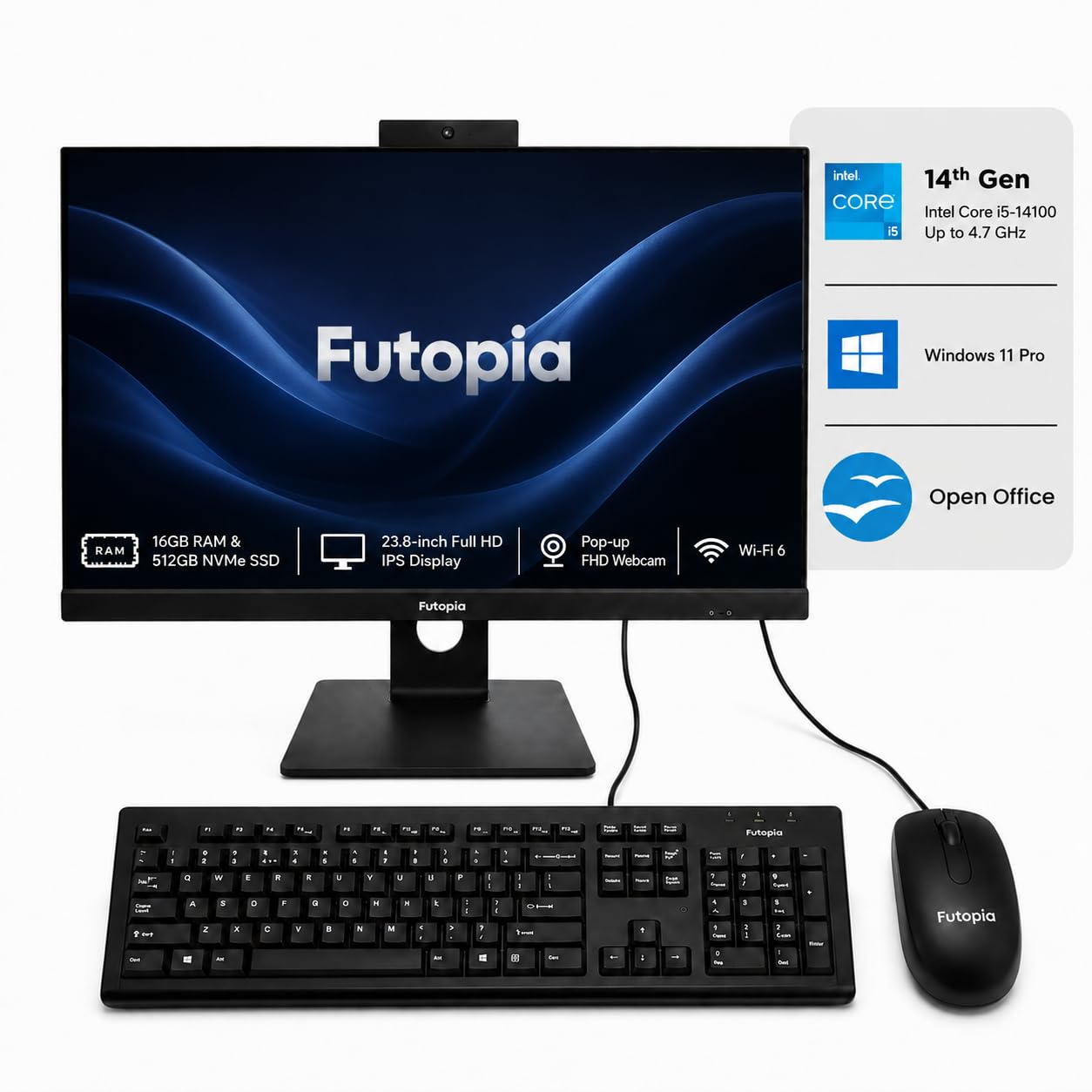 Futopia 23.8" Full HD IPS All-in-One Desktop | Intel Core i5-14400 (Up to 4.70GHz) | 16GB RAM | 512GB NVMe SSD | Pop-up FHD Webcam | Wi-Fi 6 | Windows 11 Pro | Keyboard & Mouse Included-image-15