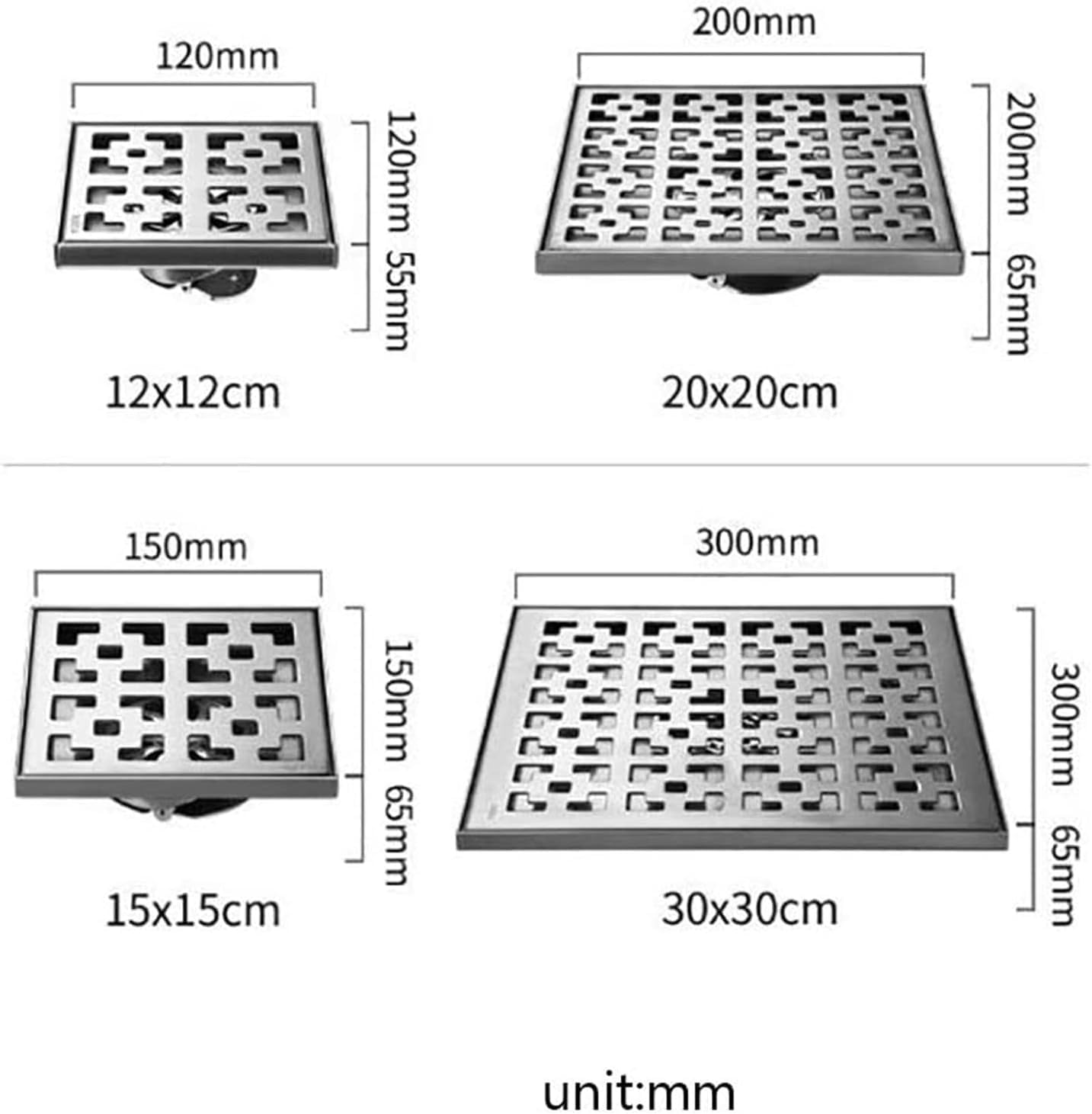 Odpływ prysznicowy ze stali nierdzewnej, kwadratowy design ze zdejmowanym rusztem i sitkiem do włosów, idealny do użytku w łazience, 15 cm x 15 cm